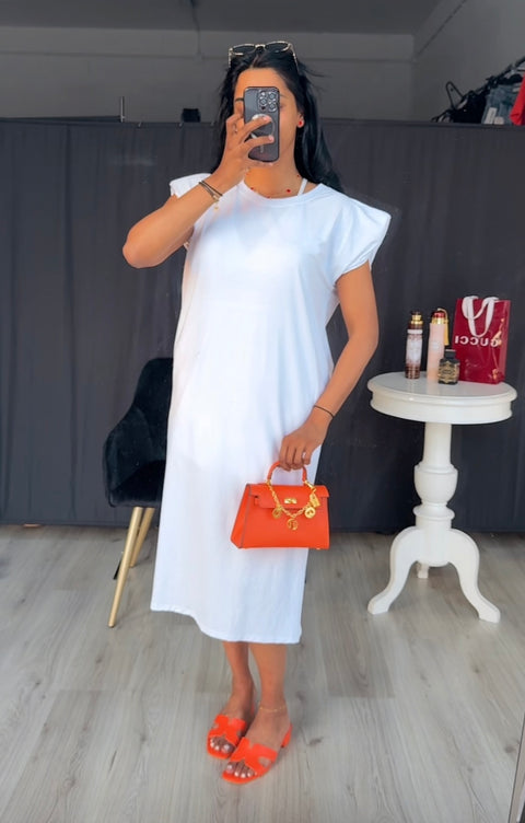 Katoenen jurk met schoudervulling wit