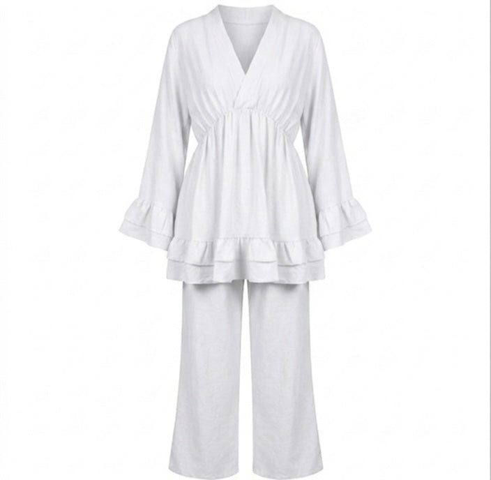 Dames Loungewear Set: Tuniek met Franjes en Matchende Pantalon - wit