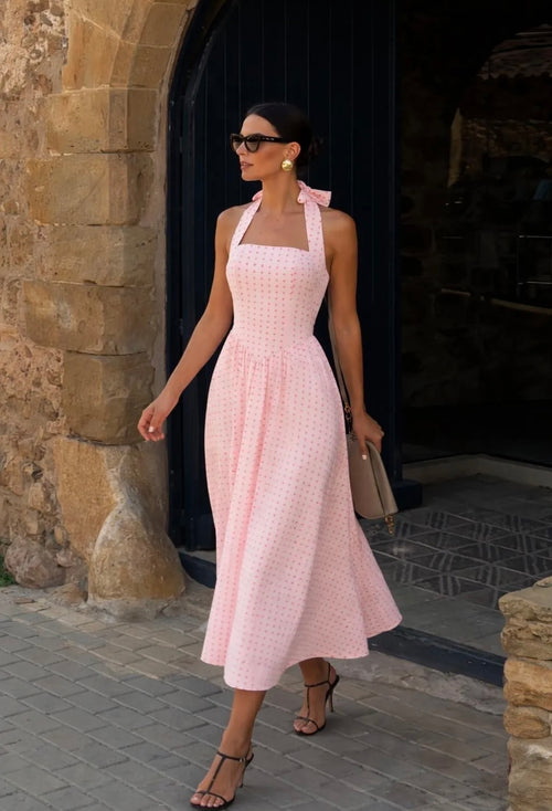 Halter jurk met stippels roze - PS9581S