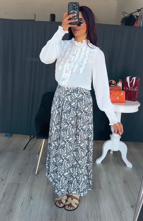 Rekbare rok met blauw wit printjes