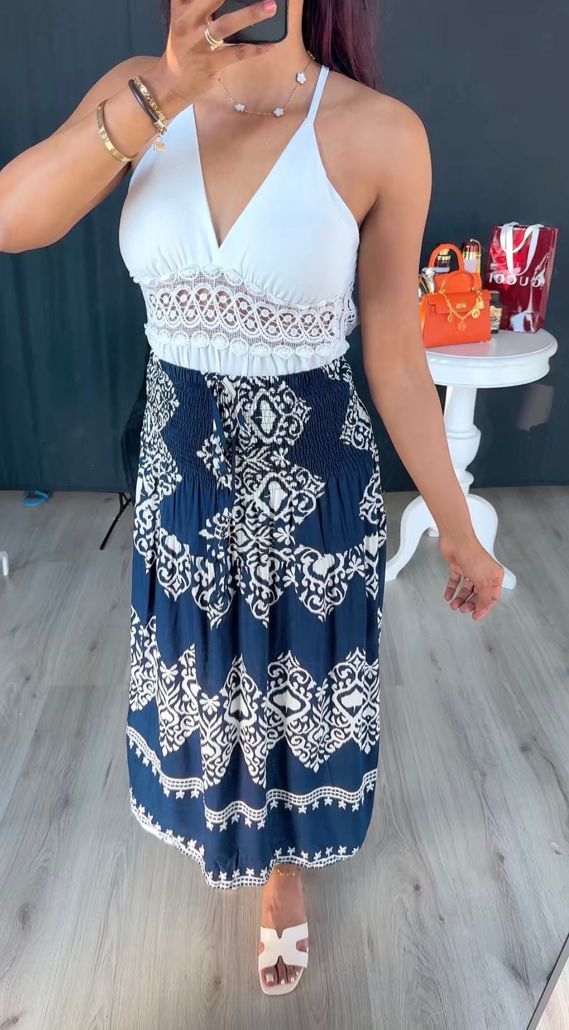 Rekbare rok met print navy wit van viscose
