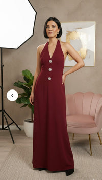 Halter rekbare jurk met gouden knopen