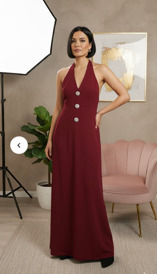 Halter rekbare jurk met gouden knopen