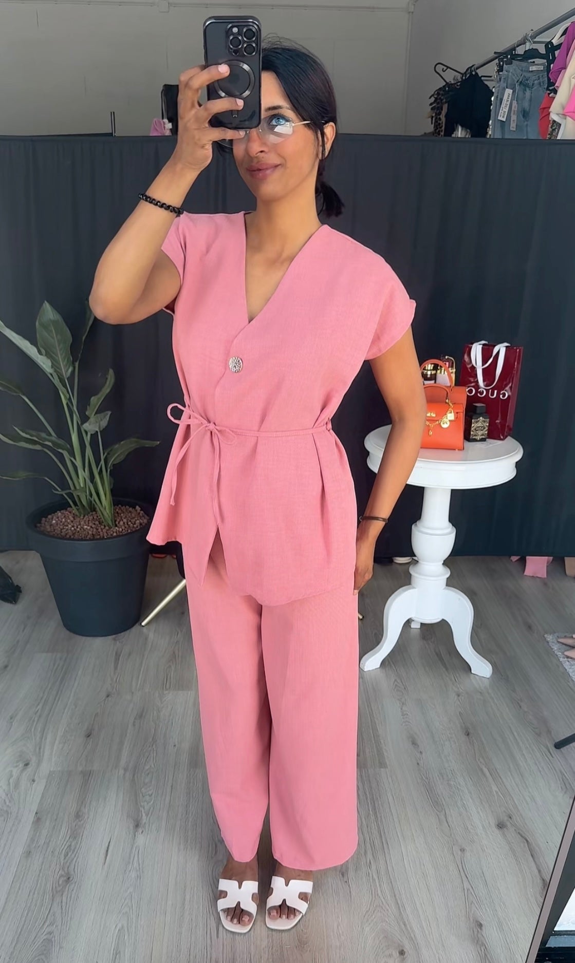 Gilet met knoop en rekbare broek roze van katoen - ITALY12