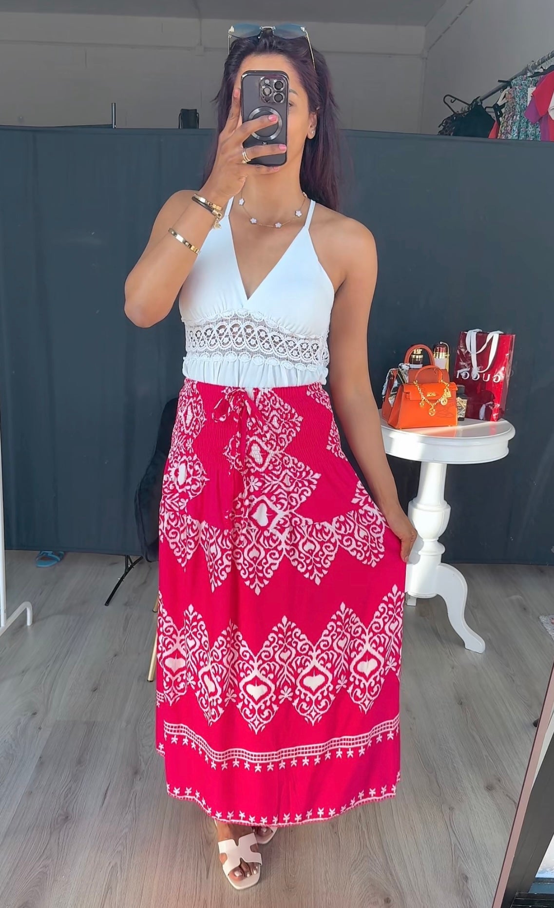 Rekbare rok met print roze met wit van viscose