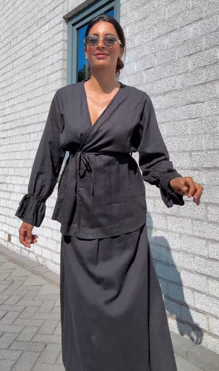 Kimono met rekbare rok van linnen - zwart