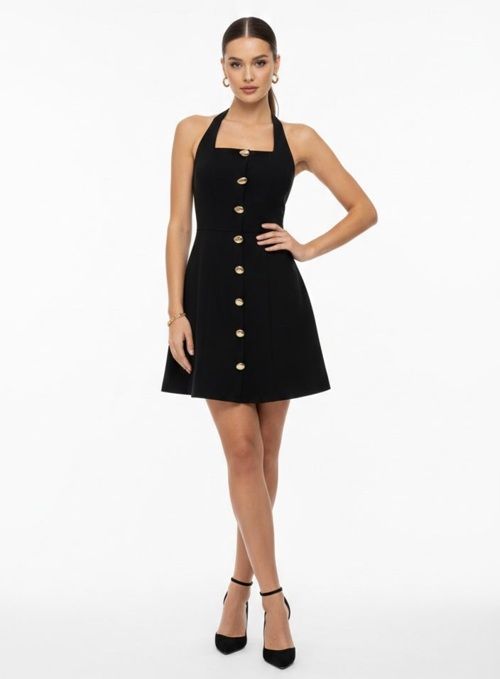 Halter jurk met gouden knopen - zwart