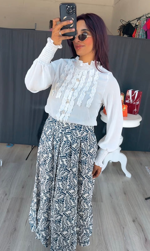 Rekbare rok met blauw wit printjes