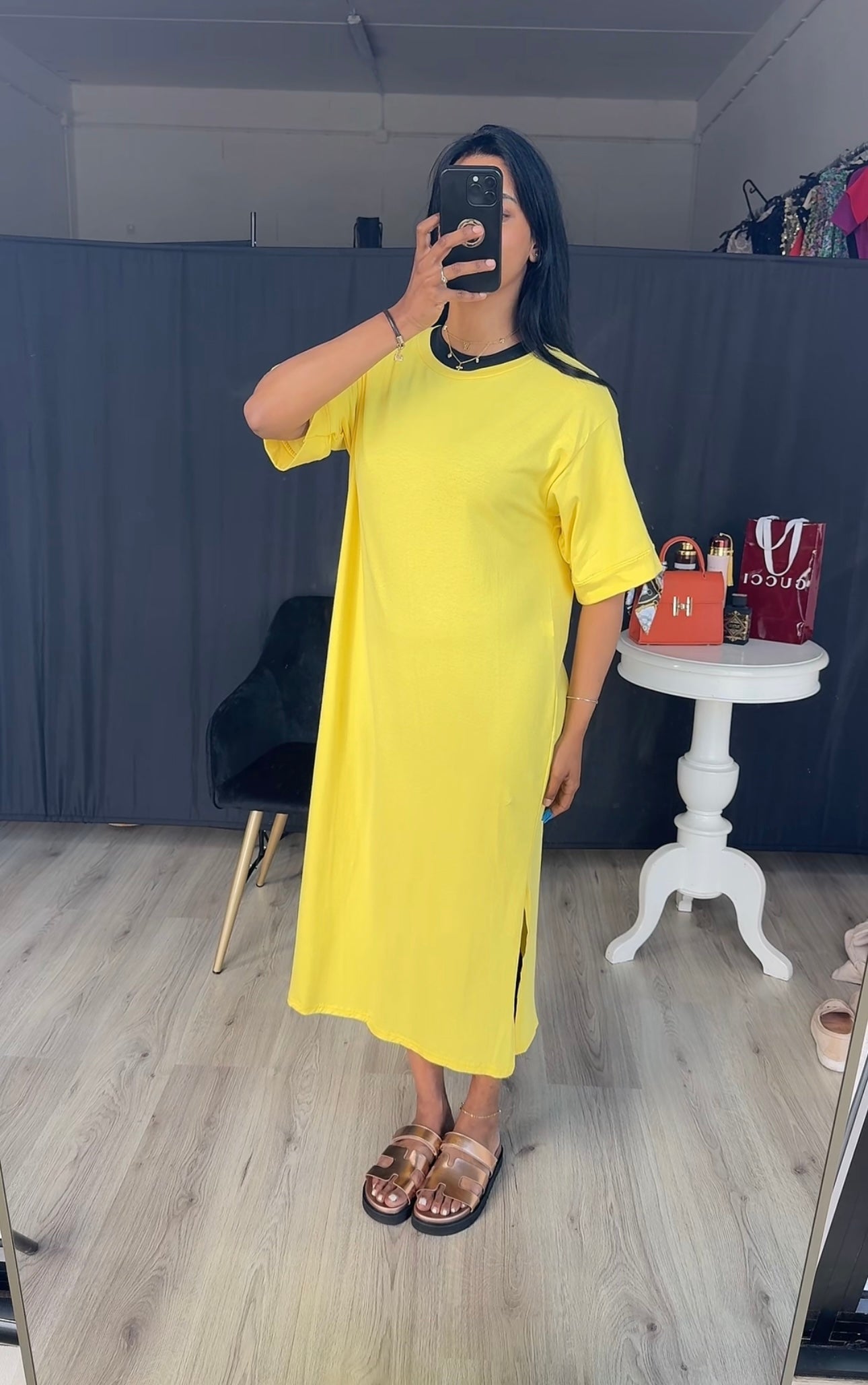 Katoenen t-shirt jurk geel met korte mouwen
