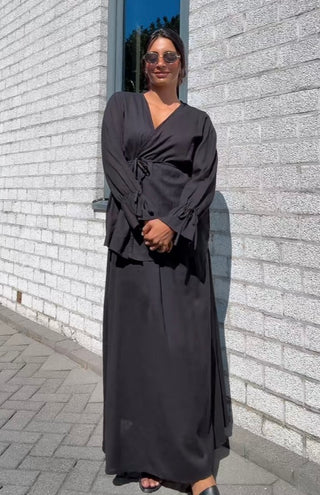 Kimono met rekbare rok van linnen - zwart