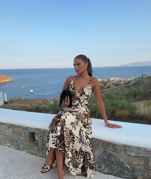 Santorini Brown white maxi-dress