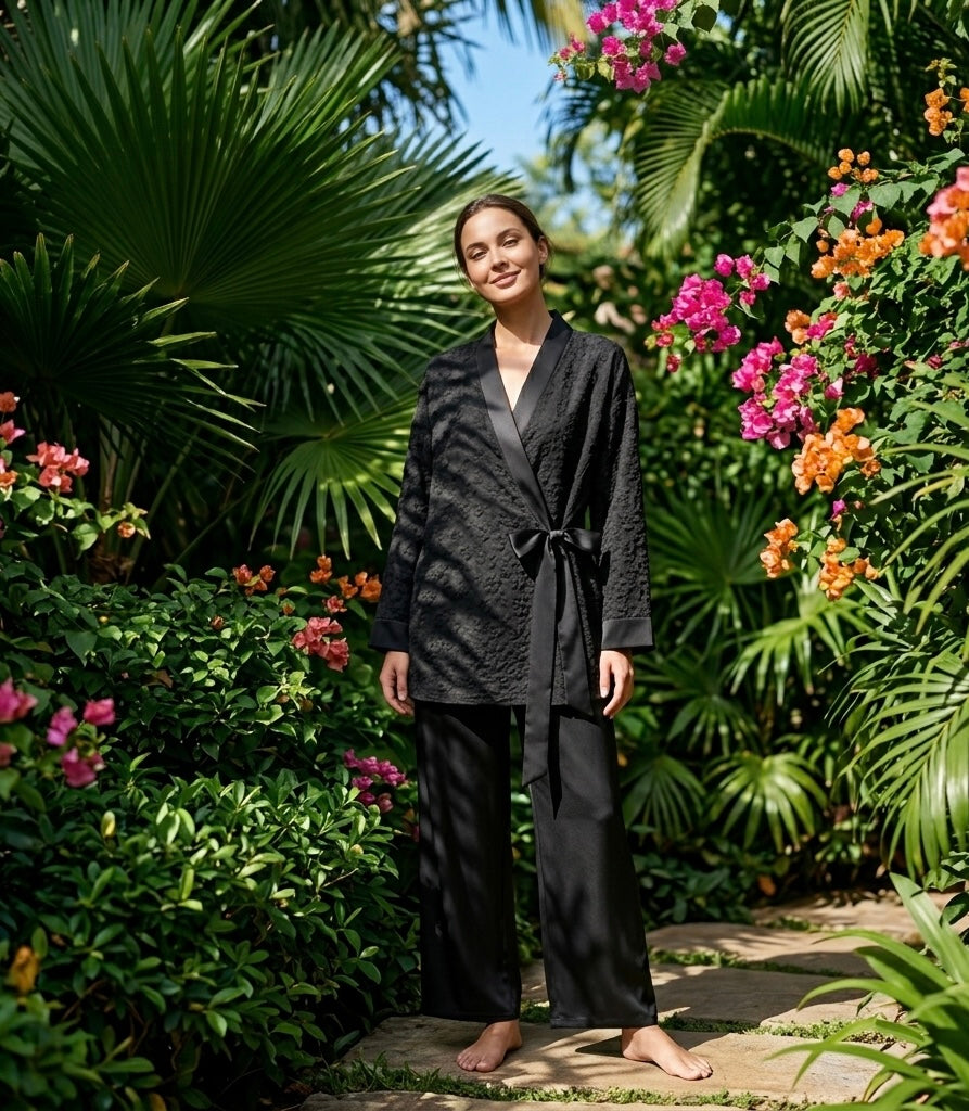 Bloemen kimono met satijnen broek - zwart