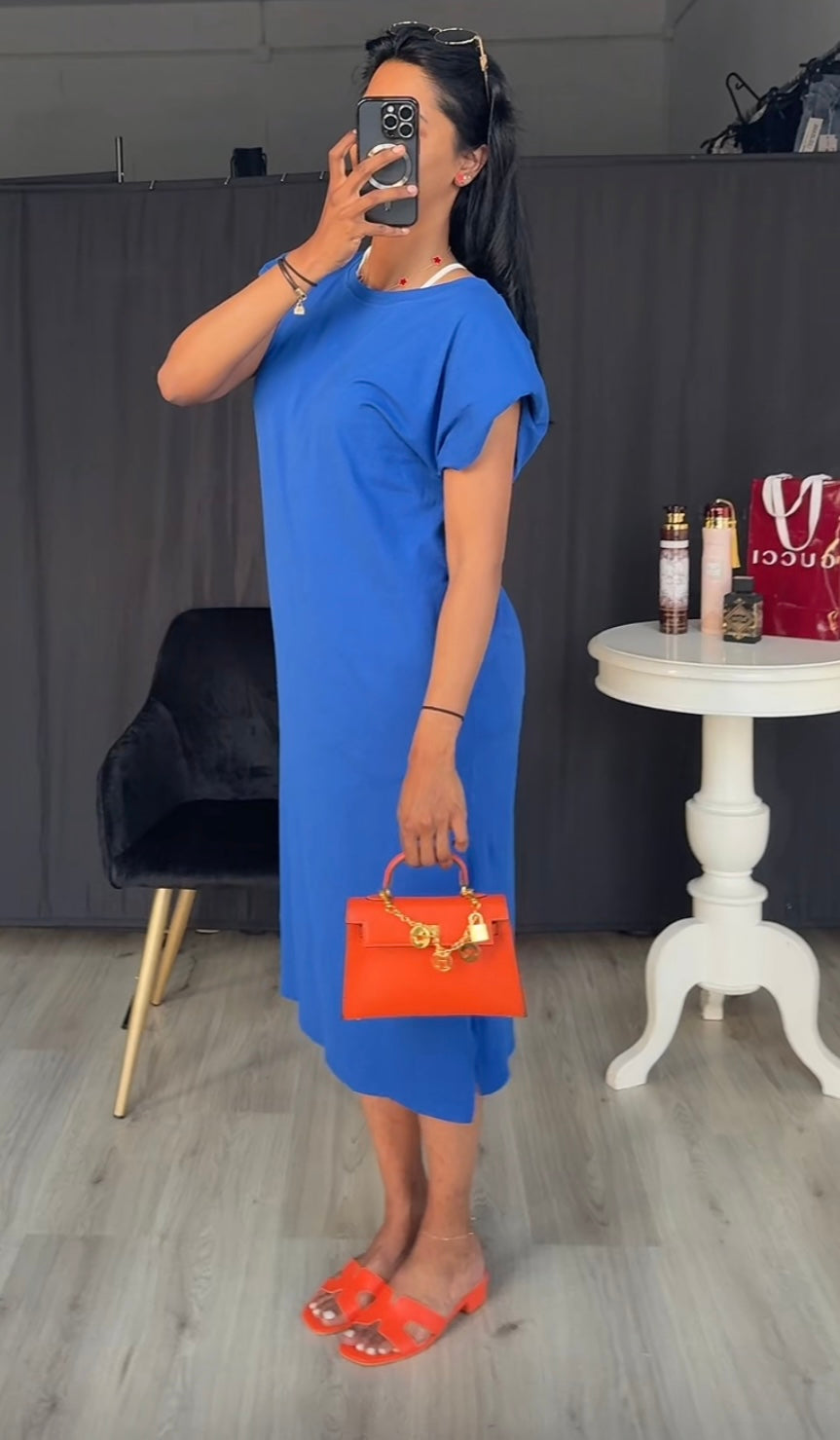 Katoenen jurk met schoudervulling kobalt blauw