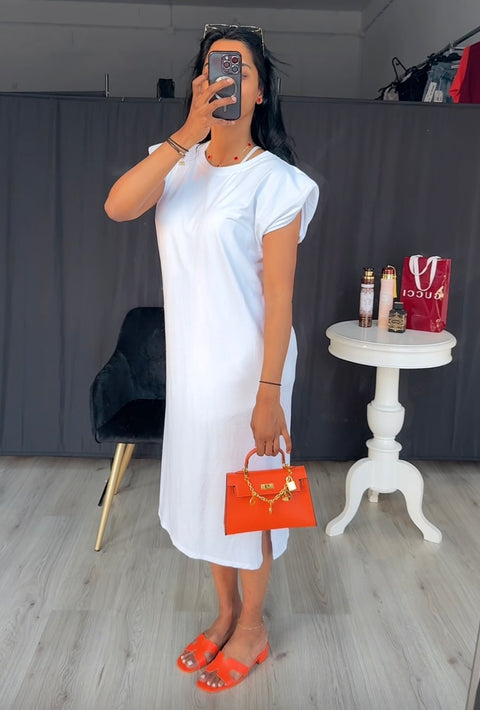 Katoenen jurk met schoudervulling wit