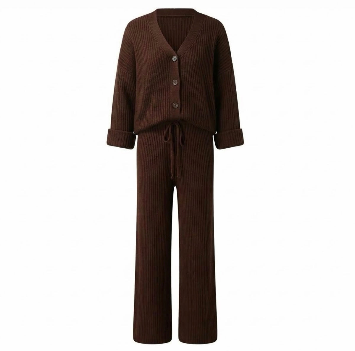 Luxe Gebreide Broek Set |Comfortabele Tweedelige Dames Outfit met V-hals