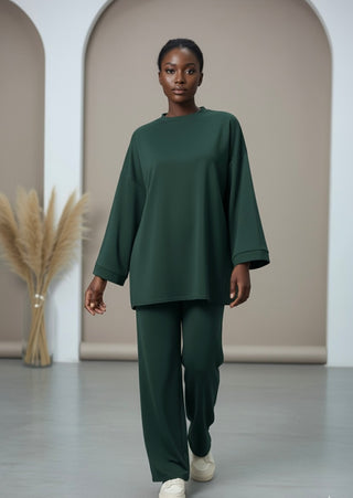 Modest comfy oversized sweater with wide pants - dark green 6033