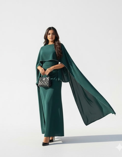 Fitted maxi abaya jurk van met parels groen - 8010