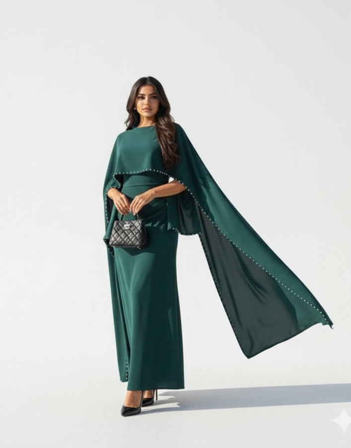 Fitted maxi abaya jurk van met parels groen - 8010