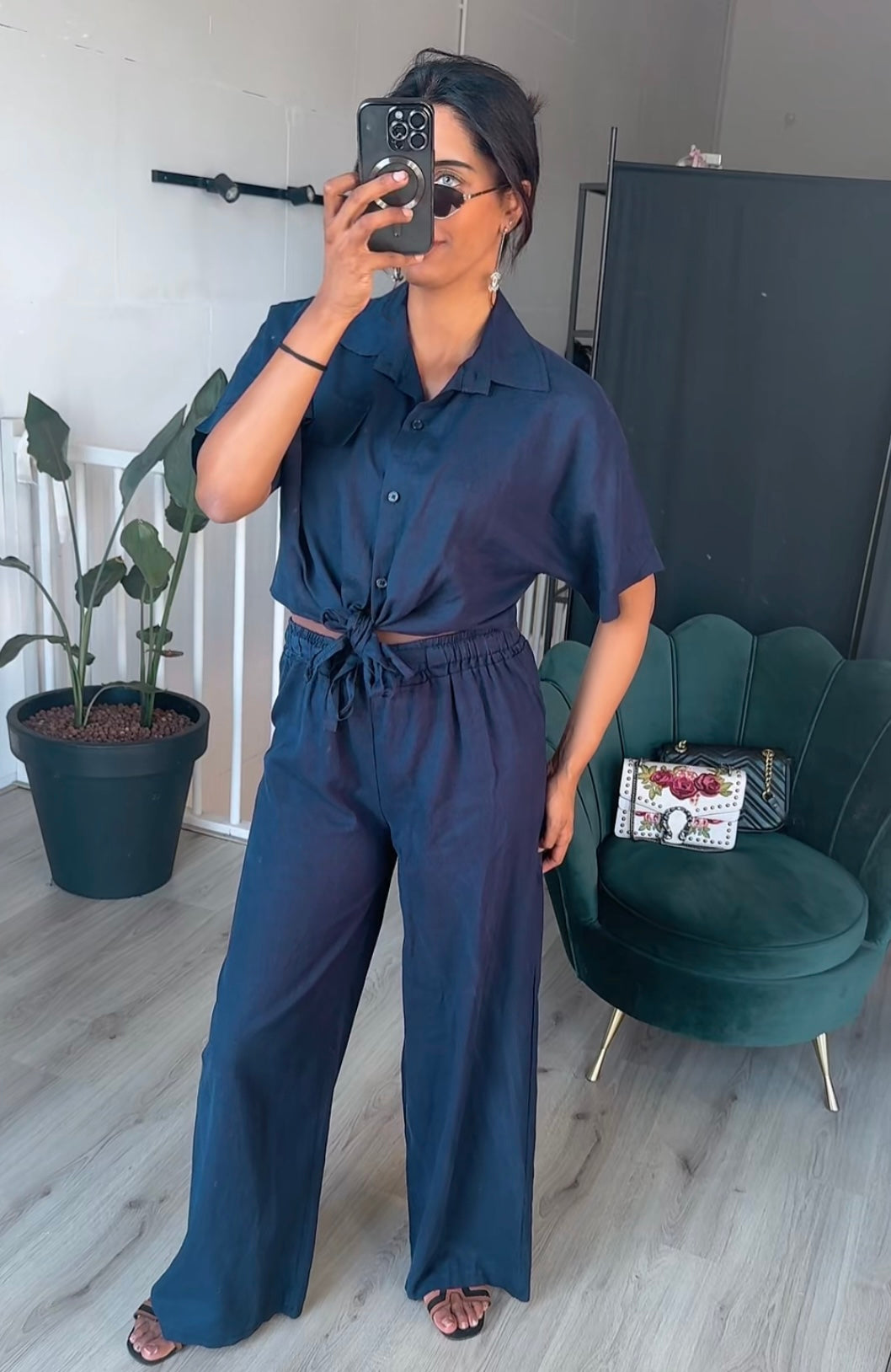 Linnen strik blouse met verstelbare broek