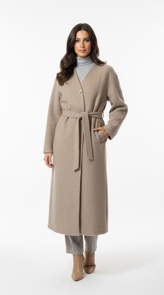 Teddy manteljas met band en gouden knoop - taupe