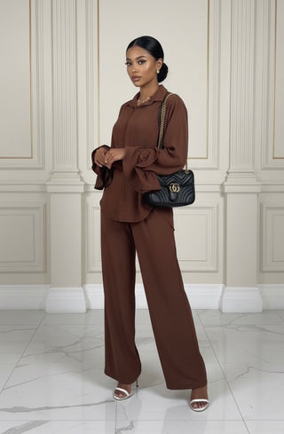 Franje mouwen oversized set donker bruin - M6698