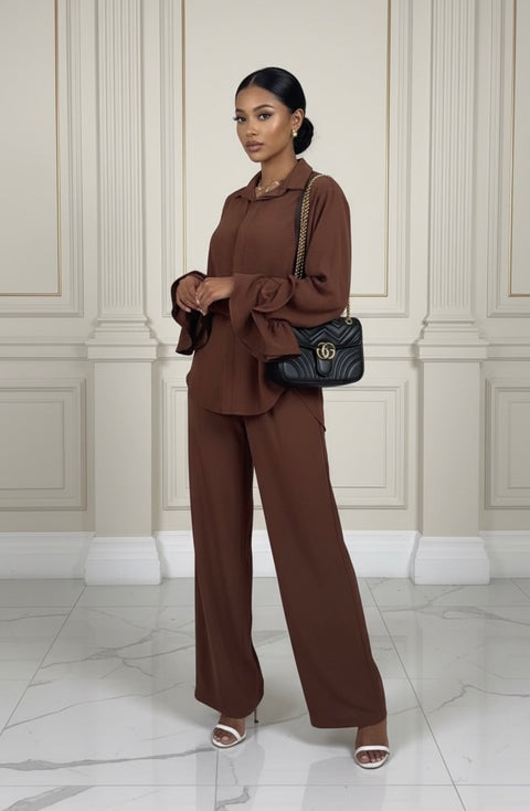 Franje mouwen oversized set donker bruin - M6698