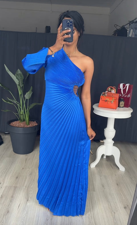 Plisse jurk met lange mouw blauw