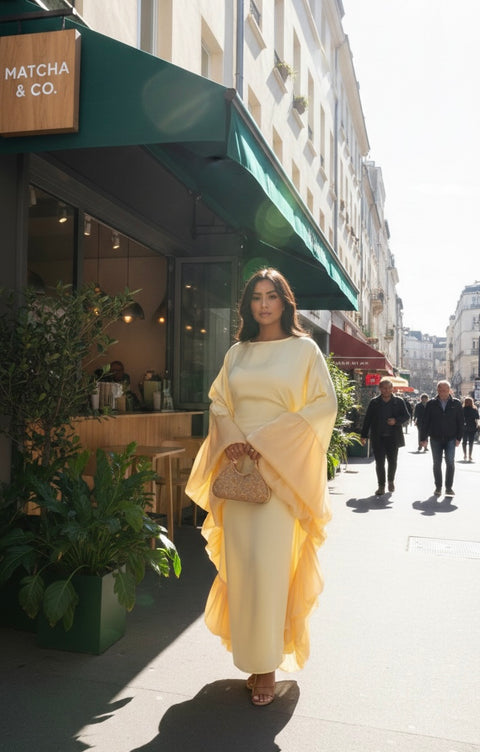 Abaya kaftan met franjes aan mouwen - butter yellow 542200