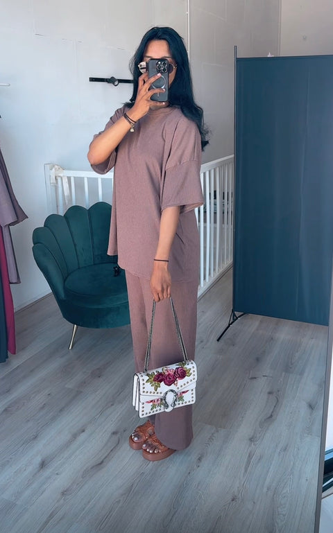 Crepe set korte mouwen taupe tall