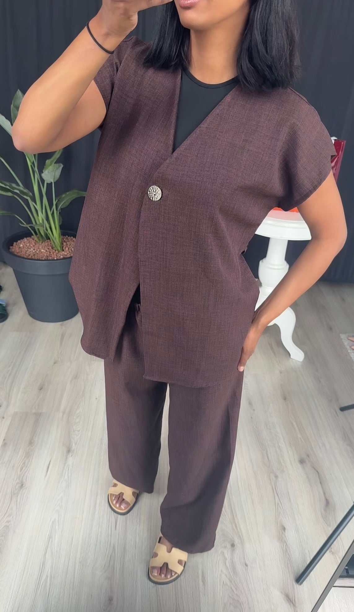 Zomer blazer gilet met rekbare broek donker bruin - ITALY12