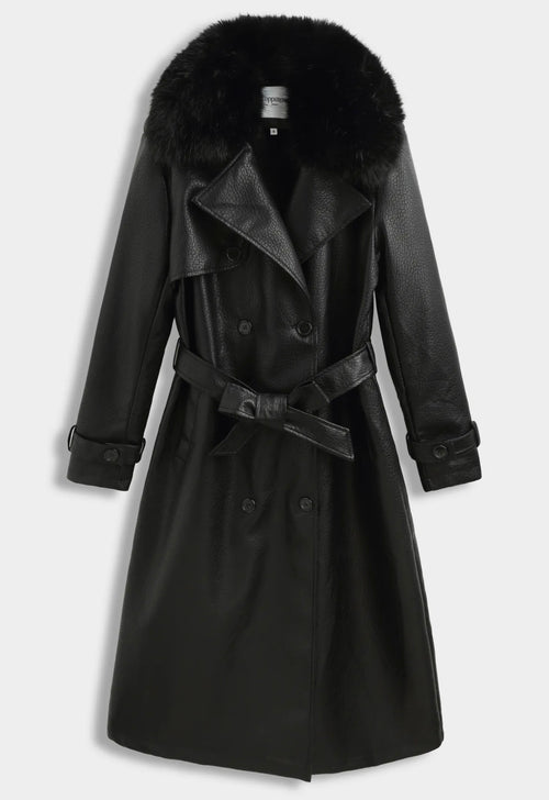 Leren manteljas zwart met faux fur bont - CV2217