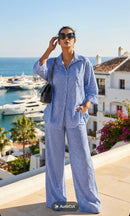 Geruiten oversized blouse met wijde broek - jeans blauw