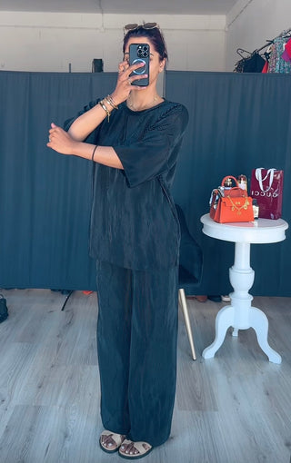Plisse korte mouwen rekbare broek met oversized blouse zwart PRE ORDER