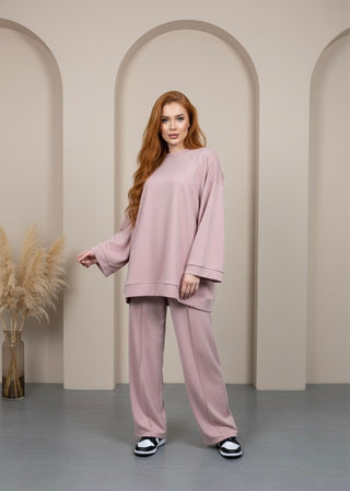 Modest comfy oversized sweater with wide pants - pink 6033