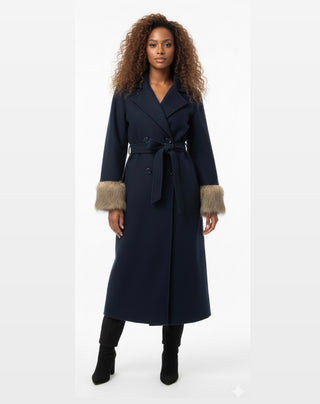 Manteljas met faux fur bont mouwen en band - navy 6077
