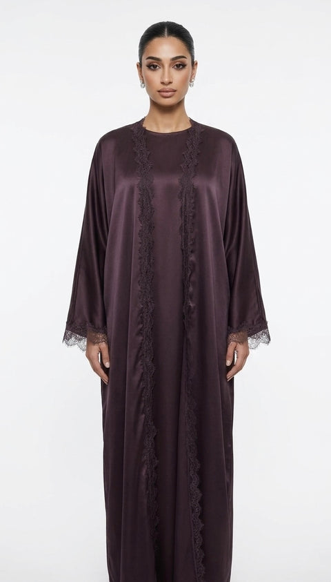 Lace kimono set met kanten details - onderjurk met kimono bruin