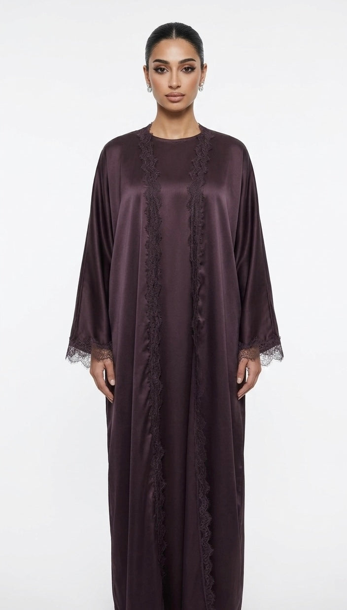 Lace kimono set met kanten details - onderjurk met kimono bruin