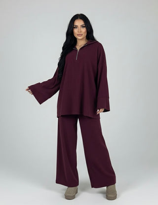 Comfy modest sweater with oversized pants - burgundy 6010