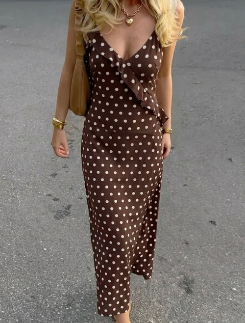 Bruine maxi jurk met stippels - PS9632S