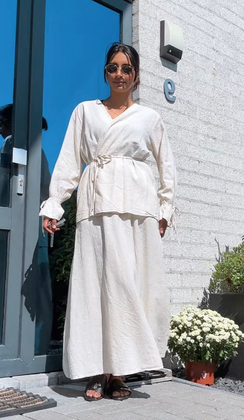 Kimono met rekbare rok van linnen - beige