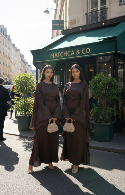 Abaya kaftan met franjes aan mouwen - bruin 542200