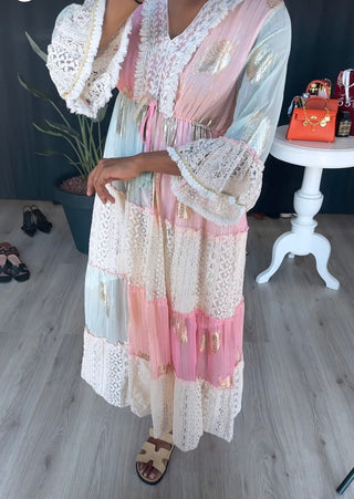 Katoenen rekbare zomer strand jurk met print roze wit