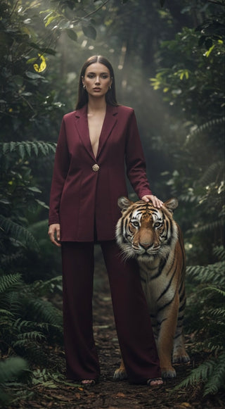 Comfy blazer set met gouden knoop burgundy - 6041