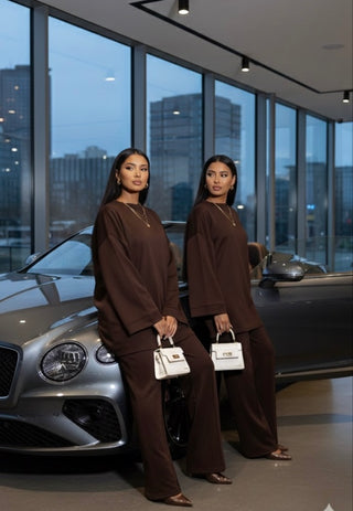 Modest comfy oversized sweater with wide pants - dark brown 6033
