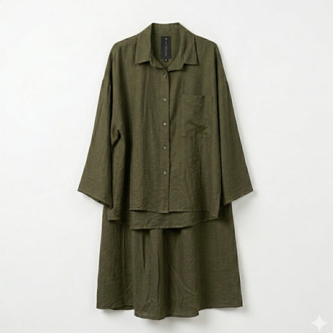 Oversized blouse met lange rok - kaki van viscose PRE ORDER