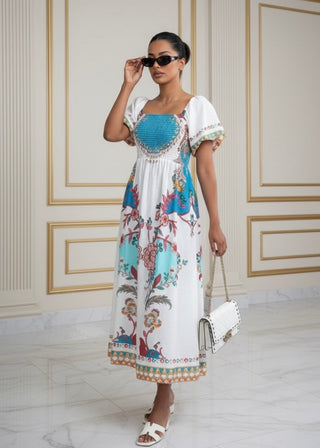 Inaya linnen jurk met poff mouwen en patronen