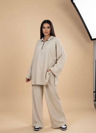 Comfy modest sweater with oversized pants - beige 6010