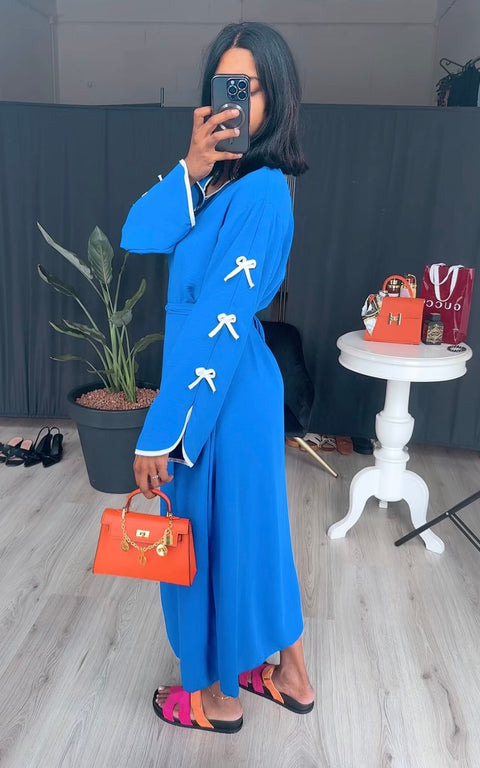 Katoenen jurk met strikjes en band kobalt blauw - ITALY100