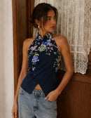 Geborduurde bloemen met aansluiting - Navy A3526