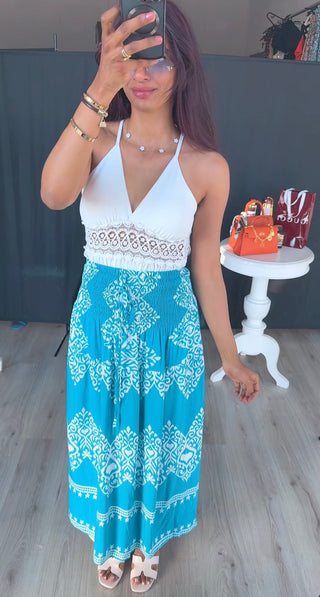 Rekbare rok met print blauw wit van viscose